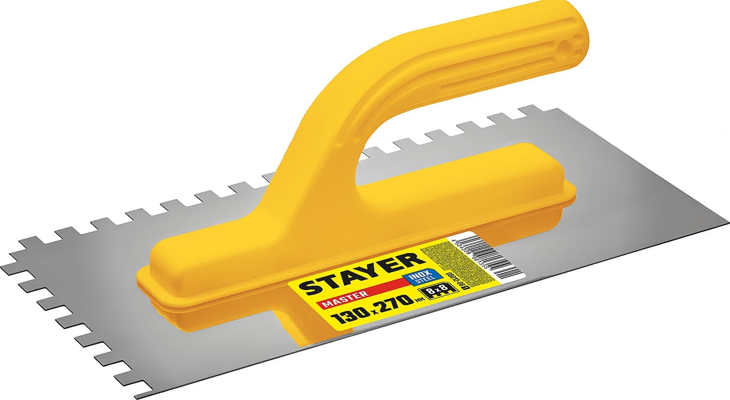 08012-08_z01 STAYER Master 130х27 0мм, 8х8 мм, гладилка штукатурная зубчатая нержавеющая с пластиковой ручкой