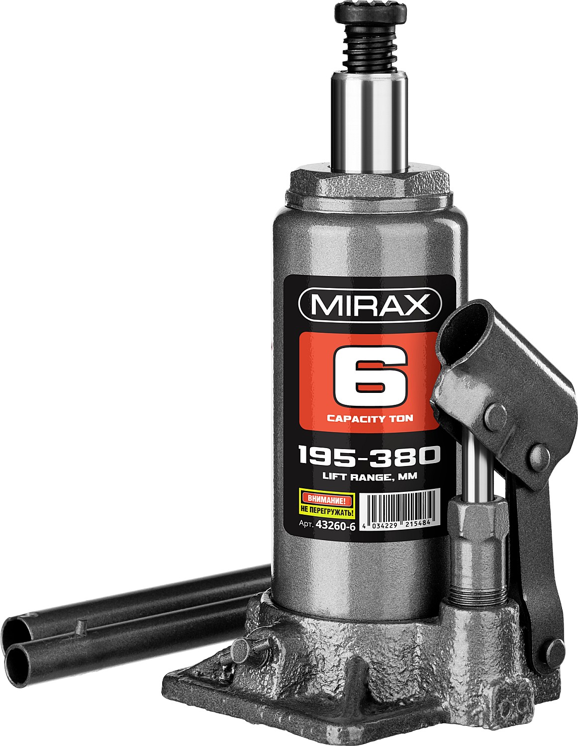 43260-6 Домкрат гидравлический бутылочный, 6т, 195-380 мм, MIRAX