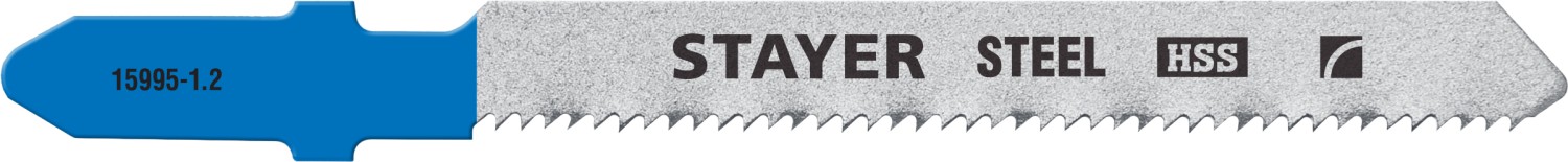 15995-1.2_z02 Полотна STAYER, T218A, для эл/лобзика, HSS, по металлу (0,9-3мм), фигур. рез, T-хвост., шаг 1,2мм, 50мм, 2шт