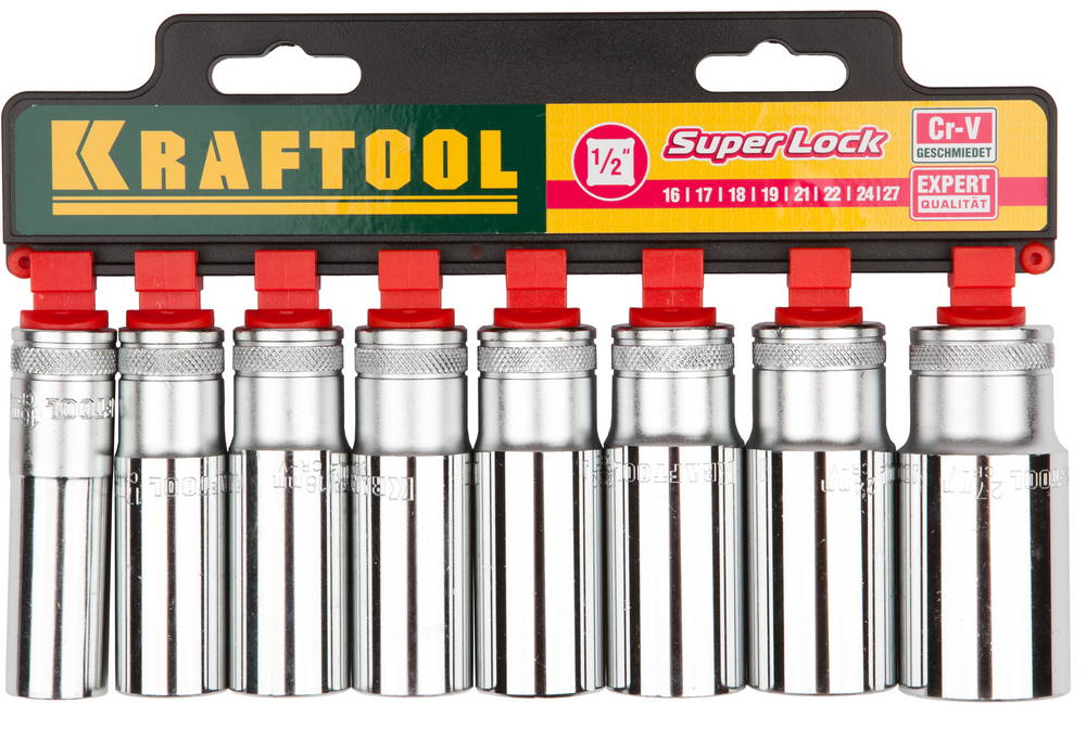 27865-H8_z01 Набор KRAFTOOL "EXPERT QUALITAT" Торцовые головки "SUPER LOCK" удлин, 1/2", 16-27мм, 8 предметов