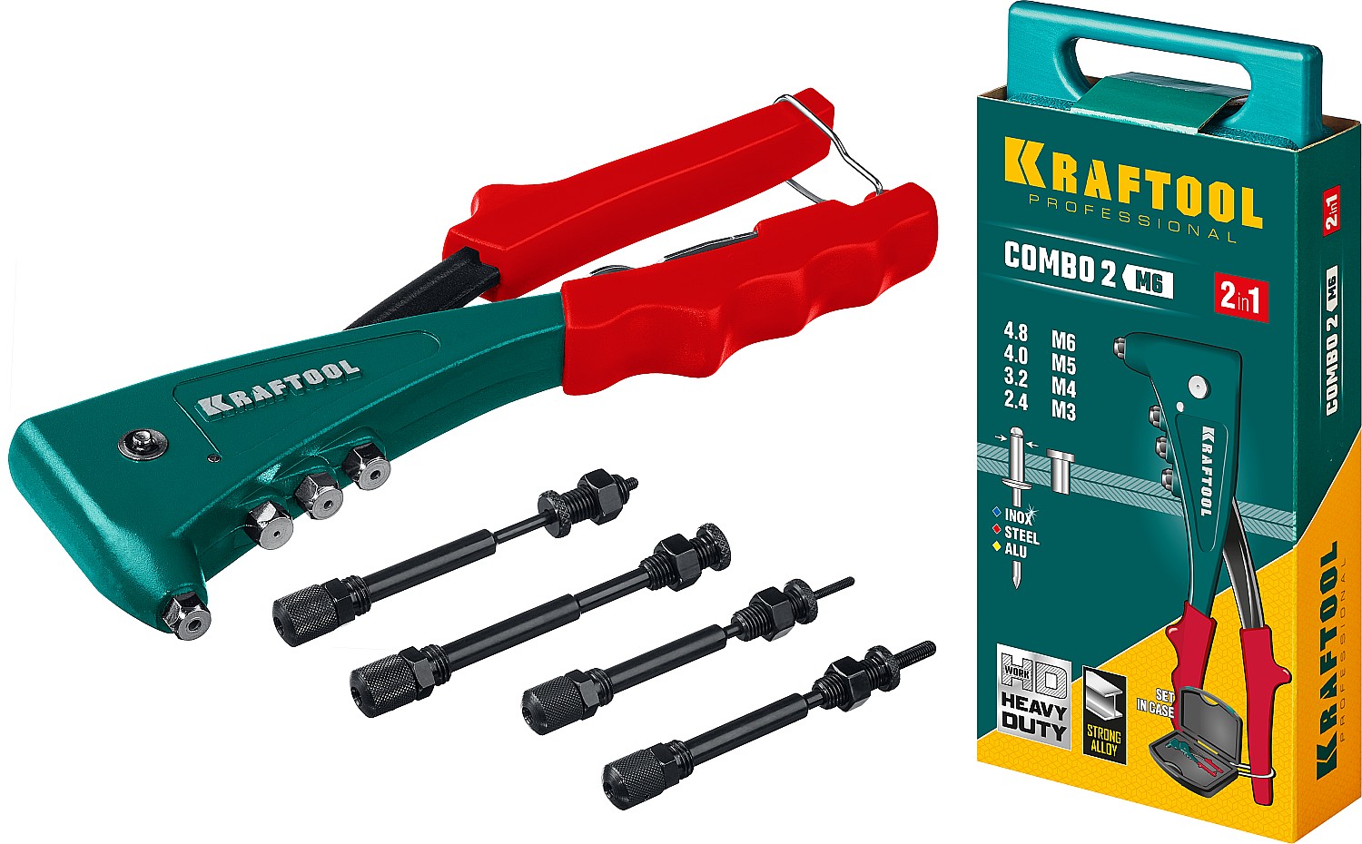 31180 KRAFTOOL Combo2-M6 заклепочник комбинированный в кейсе, резьбовые М3-М6, вытяжные 2.4-4.8 мм из алюминия, стали, нерж стали