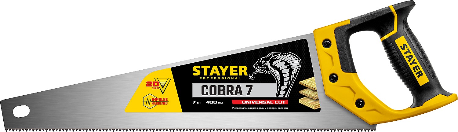 1510-40_z02 Ножовка универсальная (пила) "Cobra 7" 400 мм, 7 TPI, универс. зуб, рез вдоль и поперек волокон, для средних заготовок, фанеры, ДСП, МДФ, STAYER