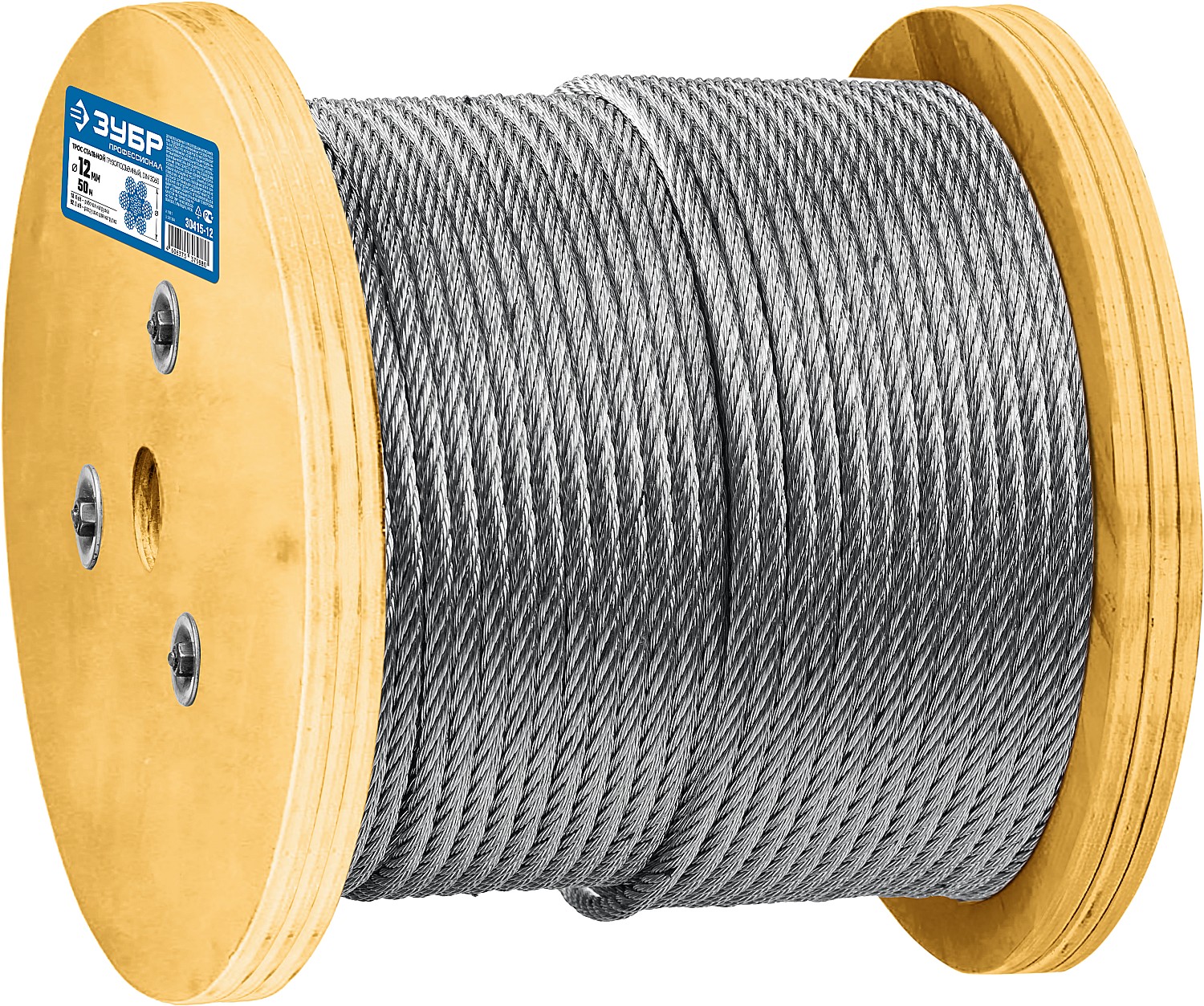30415-12 Трос грузоподъемный стальной, оцинкованный, DIN 3060, d=12 мм, L=50 м, ЗУБР Профессионал