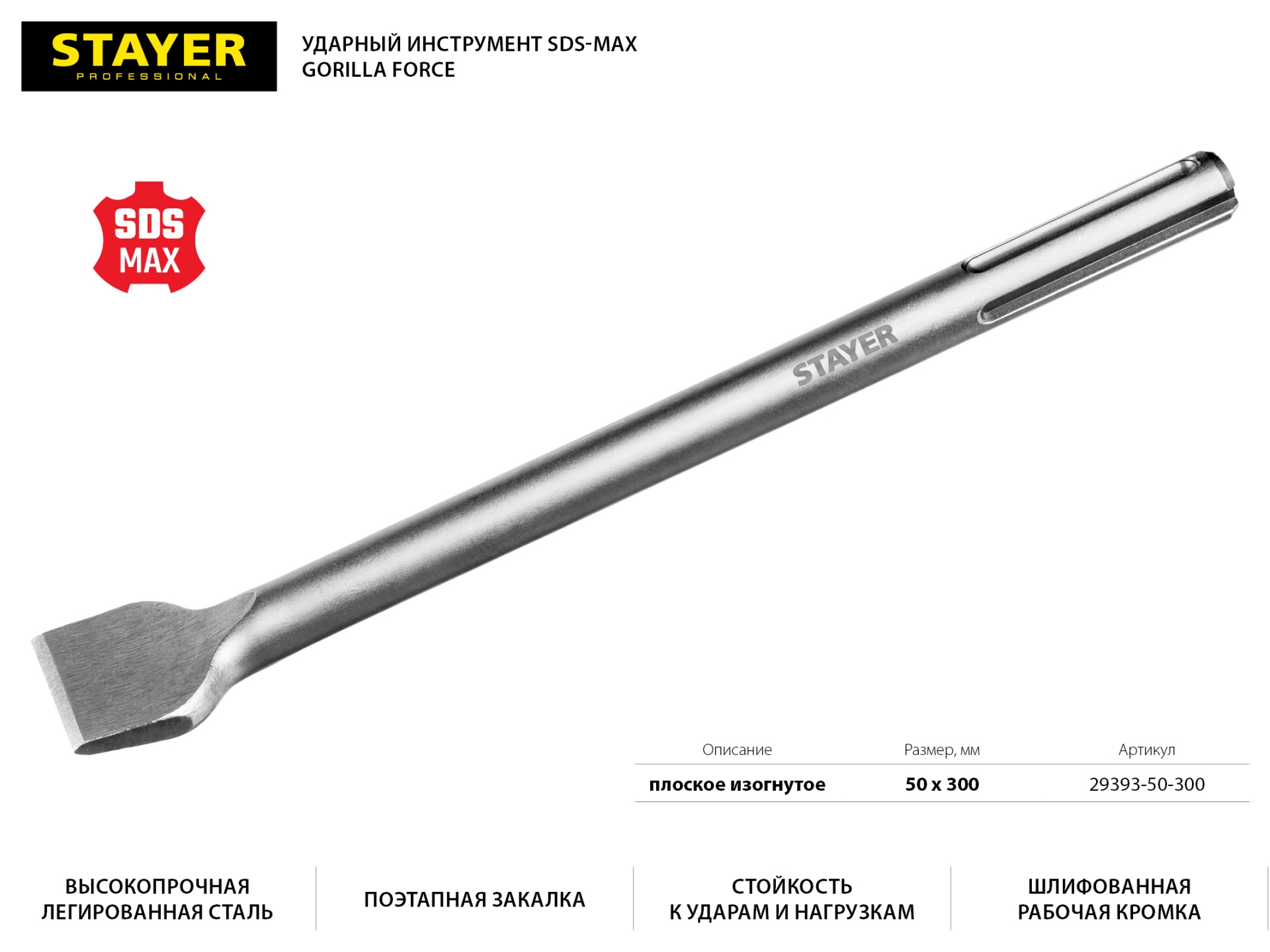 29393-50-300 STAYER Gorilla Force SDS-max Зубило плоское изогнутое 50 x 300 мм
