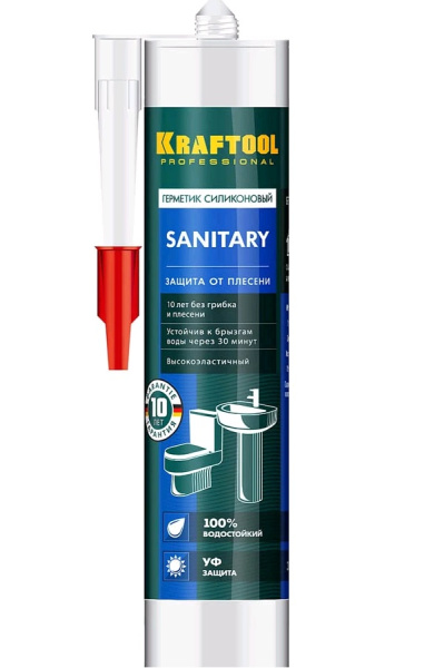 41255-0 Герметик силиконовый KRAFTOOL белый, санитарный, для помещений с повышенной влажностью, 300мл