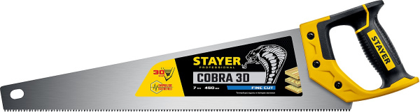 1512-45_z01 Ножовка универсальная (пила) "Cobra 3D" 450мм, 7TPI, 3D зуб, точн.рез вдоль и поперек волокон, для средних заготовок из всех видов материалов, STAYER