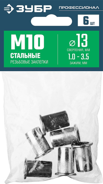 31318-10 Резьбовые заклепки с насечками, М10, 6 шт, стальные, стандартный бортик, ЗУБР Профессионал