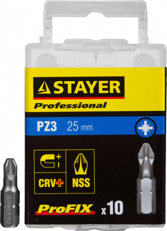 26221-3-25-10_z01 Биты STAYER "PROFESSIONAL" ProFix Pozidriv, тип хвостовика C 1/4", № 3, L=25мм, 10шт