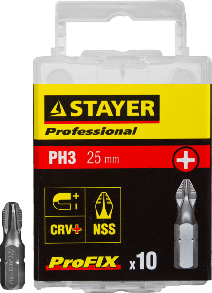 26201-3-25-10_z01 Биты STAYER "PROFESSIONAL" ProFix Phillips, тип хвостовика C 1/4", № 3, L=25мм, 10шт