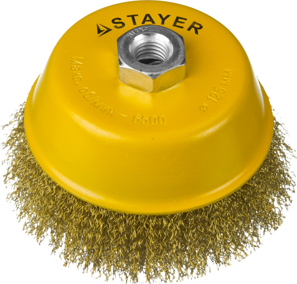 35125-125 STAYER "PROFESSIONAL". Щетка чашечная для УШМ, витая стальная латунированная проволока 0,3мм, 125ммхМ14