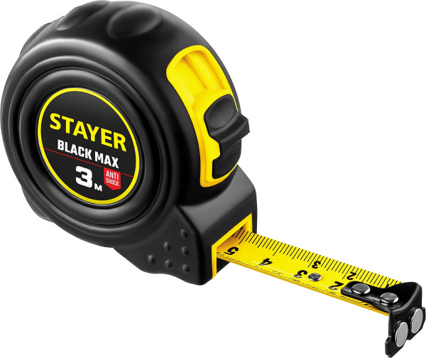 3410-03_z02 STAYER BlackMax 3м / 16мм рулетка в ударостойком полностью обрезиненном корпусе  и двумя фиксаторами