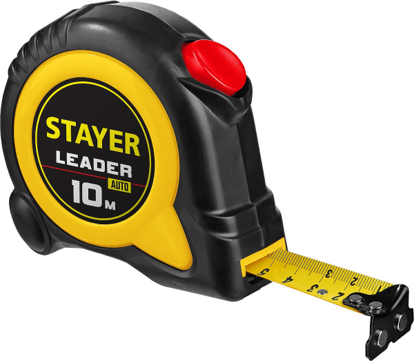 3402-10-25 STAYER LEADER 10м / 25мм рулетка с автостопом в ударостойком обрезиненном корпусе