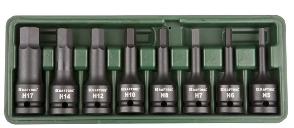 27950-H8 Торцовые головки KRAFTOOL "INDUSTRIE QUALITAT" ударные в наборе, (1/2"), Cr-Mo, фосфат., HEX, H5-H17, 8 шт.