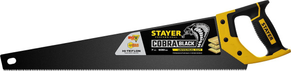 2-15081-50_z01 Ножовка универсальная (пила) "Cobra BLACK" 500 мм, 7TPI, тефлон покрытие, рез вдоль и поперек волокон, для средних заготовок, фанеры, ДСП, МДФ, STAYER