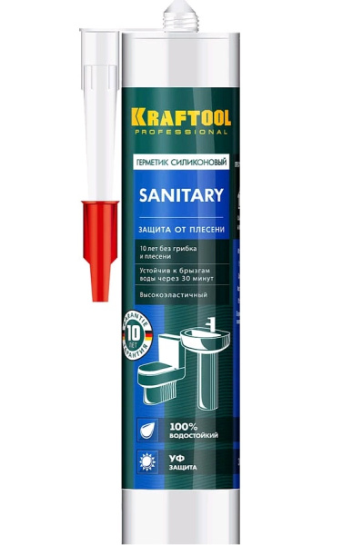 41255-2 Герметик силиконовый KRAFTOOL прозрачный, санитарный, для помещений с повышенной влажностью, 300мл