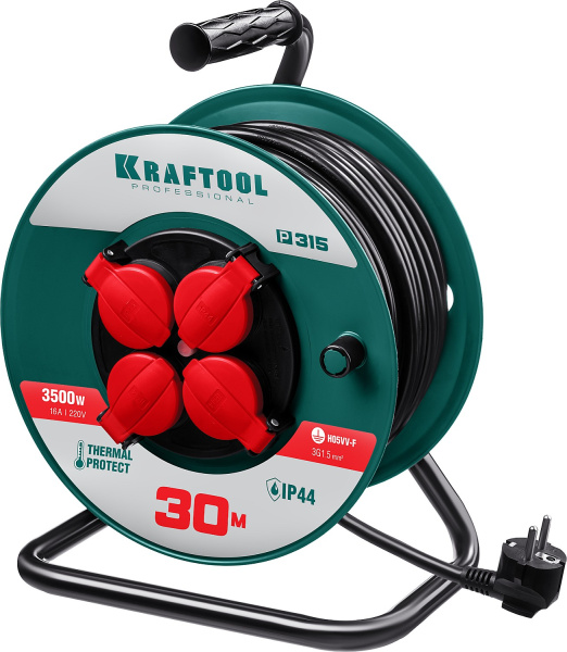 55084-30 P-315 удлинитель на катушке, 30 м, 3500 Вт, 4 гнезда, IP44, ПВС 3x1,5 кв мм, KRAFTOOL