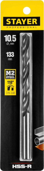 29602-10.5 Сверло по металлу HSS-R, сталь М2(S6-5-2), STAYER Professional 29602-10.5, DIN 338, d=10,5 мм