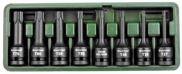 27952-H8 Торцовые головки KRAFTOOL "INDUSTRIE QUALITAT" ударные в наборе, (1/2"), Cr-Mo, фосфат., TORX, T27-T70, 8 шт.