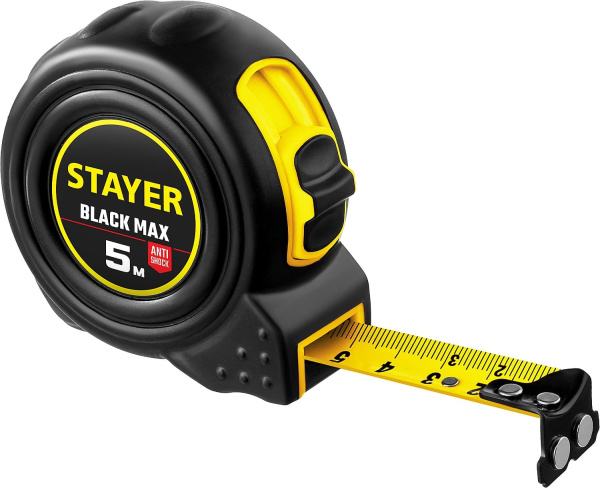 3410-05_z02 STAYER BlackMax 5м / 19мм рулетка в ударостойком полностью обрезиненном корпусе  и двумя фиксаторами