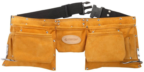 38520 Пояс STAYER PROFESSIONAL для инструментов, кожаный, 11 карманов, 2 скобы