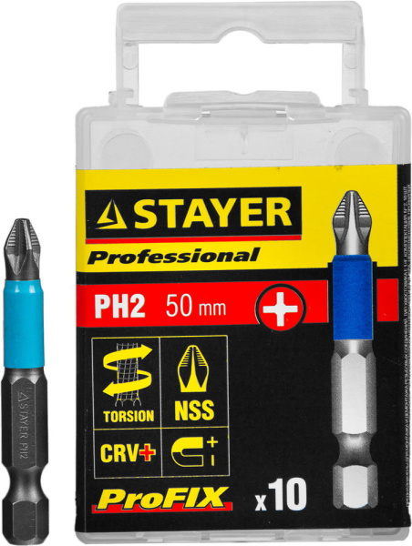 26203-2-50-10_z01 Биты STAYER "PROFESSIONAL" ProFix Phillips, тип хвостовика E 1/4", № 2, L=50мм, 10шт