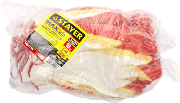 11409-H10 Перчатки STAYER "МASTER" MaxSafe трикотажные, двойная обливная ладонь из латекса, х/б, 13 класс, L-XL, 10 пар