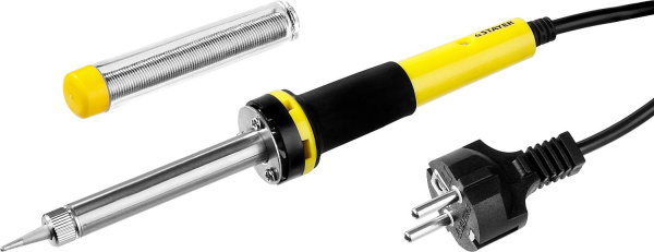 55300-40 Паяльник PROTerm с двухкомпонентной рукояткой, в комплекте с припоем и подставкой, жало - конус, STAYER Professional 55300-40, 40 Вт