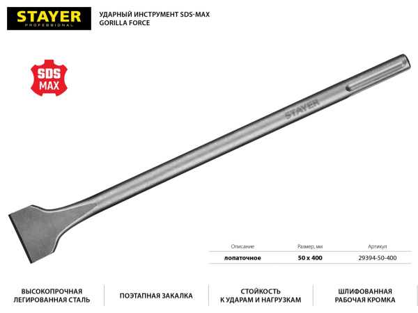 29394-50-400 STAYER Gorilla Force SDS-max Зубило лопаточное 50 x 400 мм