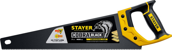 2-15081-40_z01 Ножовка универсальная (пила) "Cobra BLACK" 400 мм, 7TPI, тефлон покрытие, рез вдоль и поперек волокон, для средних заготовок, фанеры, ДСП, МДФ, STAYER