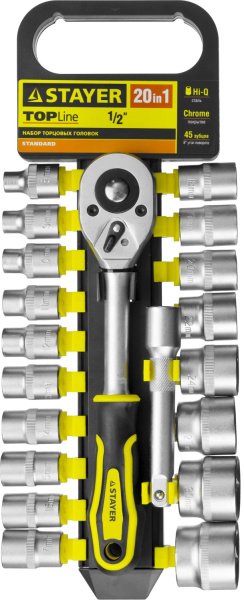 27750-H20 Набор STAYER "STANDARD": Торцовые головки (1/2") на пластиковом рельсе, трещотка, удлинитель, 8-32мм, 20 предметов