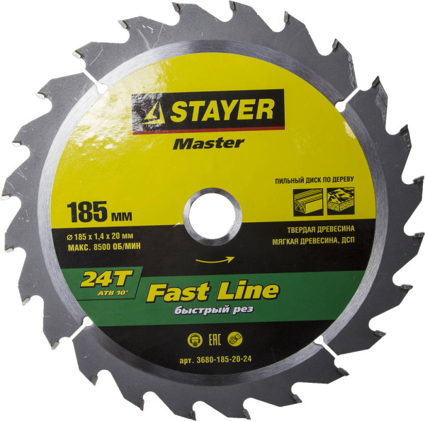 3680-185-20-24 Диск пильный STAYER "MASTER" "FAST-Line" по дереву, 185x20мм, 24Т