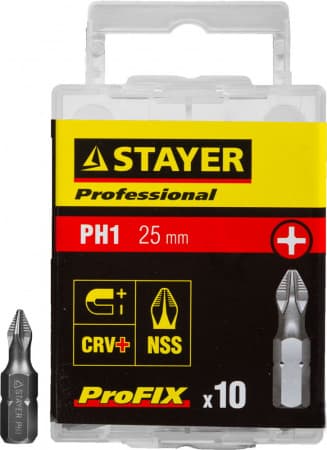 26201-1-25-10_z01 Биты STAYER "PROFESSIONAL" ProFix Phillips, тип хвостовика C 1/4", № 1, L=25мм, 10шт