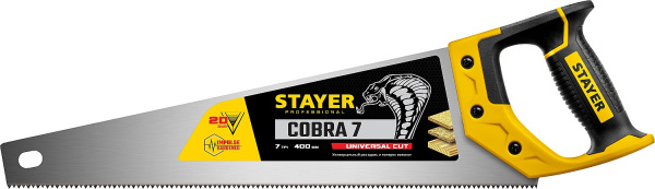 1510-40_z02 Ножовка универсальная (пила) "Cobra 7" 400 мм, 7 TPI, универс. зуб, рез вдоль и поперек волокон, для средних заготовок, фанеры, ДСП, МДФ, STAYER