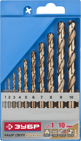 29626-H10 Набор сверл по металлу 10 шт (d=1-10 мм) КОБАЛЬТ, сталь Р6М5К5, класс А, ЗУБР "ЭКСПЕРТ" 29626-H10