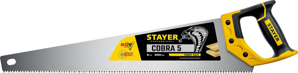 1506-50_z02 Ножовка по дереву (пила) "Cobra 5" 500 мм, 5 TPI, прямой крупный зуб, быстрый рез поперек волокон, для крупных и средних заготовок, STAYER