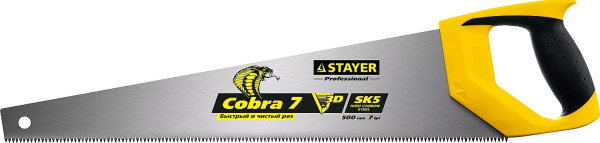 15135-50 Ножовка универсальная STAYER COBRA-7 GX700 500 мм, 7 TPI, 3D зуб, рез вдоль и поперек волокон, для средних заготовок, фанеры, ДСП, МДФ