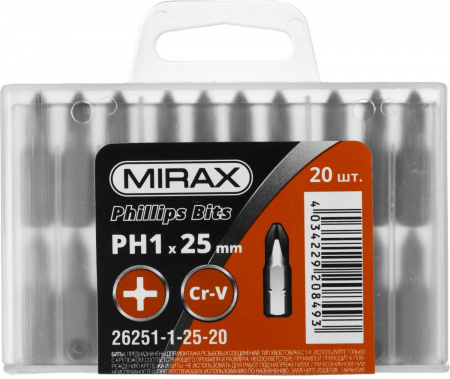 26251-1-25-20 Биты MIRAX PH№1, тип хвостовика C 1/4", длина 25мм, 20шт