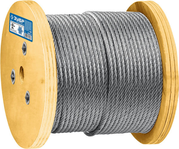 30415-12 Трос грузоподъемный стальной, оцинкованный, DIN 3060, d=12 мм, L=50 м, ЗУБР Профессионал
