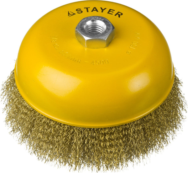 35125-150 STAYER "PROFESSIONAL". Щетка чашечная для УШМ, витая стальная латунированная проволока 0,3мм, 150ммхМ14