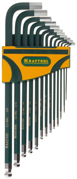 27444-H13 Набор ключей имбусовых KRAFTOOL"INDUSTRIE" длинные,дюймовые,Cr-Mo сталь(S2),Cr покрытие с противоскол напыл,SAE HEX0.05-3/8,13шт