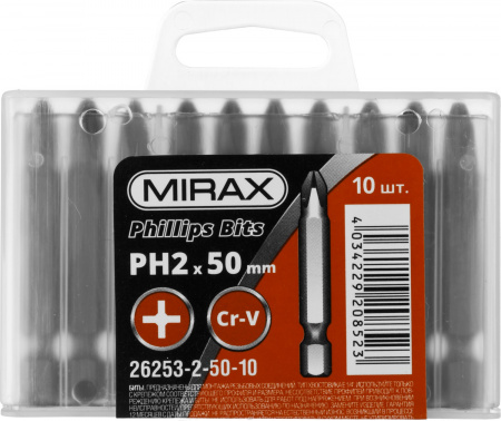 26253-2-50-10 Биты MIRAX PH№2, тип хвостовика E 1/4", длина 50мм, 10шт