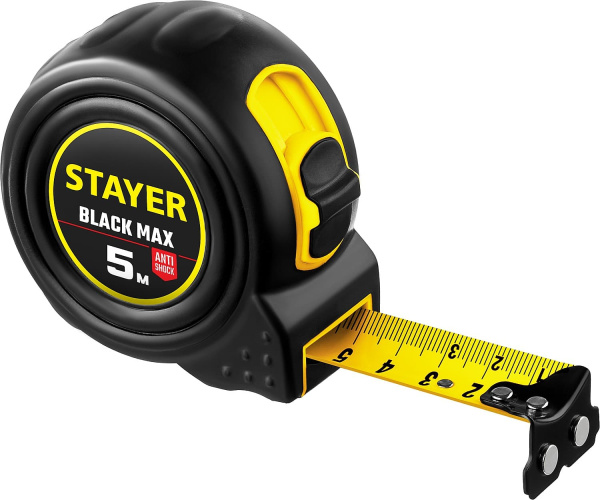 3410-05-25_z02 STAYER BlackMax 5м / 25мм рулетка в ударостойком полностью обрезиненном корпусе  и двумя фиксаторами