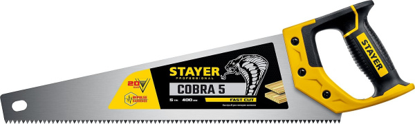 1506-40_z02 Ножовка по дереву (пила) "Cobra 5" 400 мм, 5 TPI, прямой крупный зуб, быстрый рез поперек волокон, для крупных и средних заготовок, STAYER