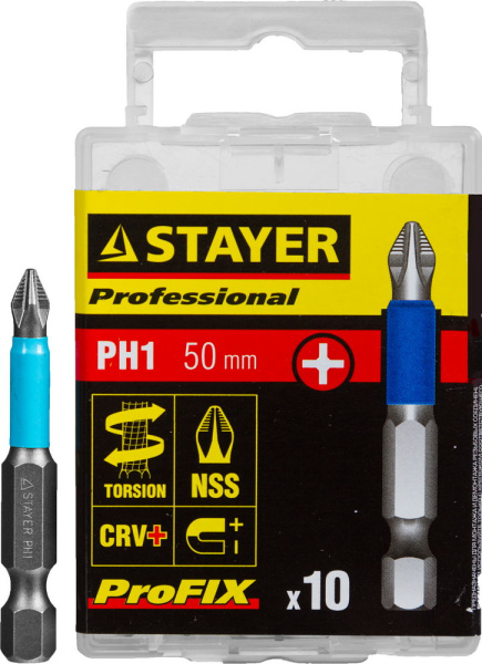 26203-1-50-10_z01 Биты STAYER "PROFESSIONAL" ProFix Phillips, тип хвостовика E 1/4", № 1, L=50мм, 10шт
