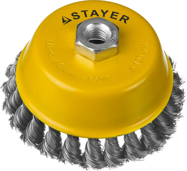 35128-120 STAYER "PROFESSIONAL". Щетка чашечная для УШМ, жгутированная стальная проволока 0,5мм, 120ммхМ14