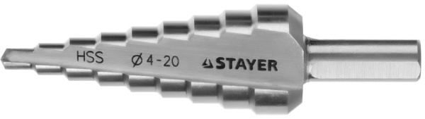 29660-4-20-9 Сверло STAYER "MASTER" ступенчатое по сталям и цвет.мет., сталь HSS, d=4-20мм, 9ступ.d 4-20, L-75 мм,трехгран. хвост. 8мм