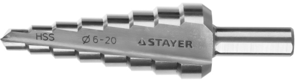 29660-6-20-8 Сверло STAYER "MASTER" ступенчатое по сталям и цвет.мет., сталь HSS, d=6-20мм,8ступ.d 6-8-10-12-14-16-18-20,L-75мм,3-х гран.хв. 8мм