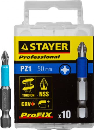 26223-1-50-10_z01 Биты STAYER "PROFESSIONAL" ProFix Pozidriv, тип хвостовика E 1/4", № 1, L=50мм, 10шт