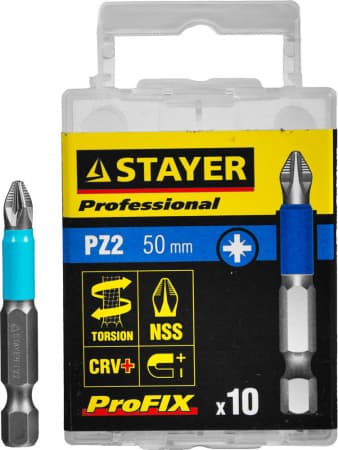 26223-2-50-10_z01 Биты STAYER "PROFESSIONAL" ProFix Pozidriv, тип хвостовика E 1/4", № 2, L=50мм, 10шт